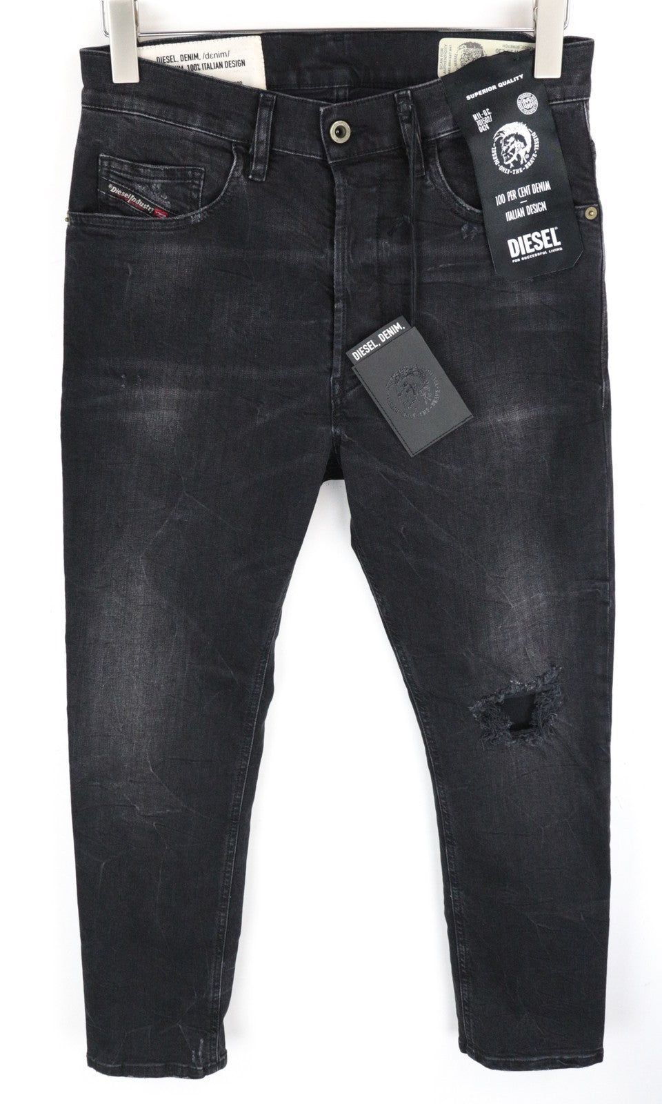 DIESEL D-Eetar 069DV Men Jeans W29/L30 Tapered Ripped Black Button-Fly Denim