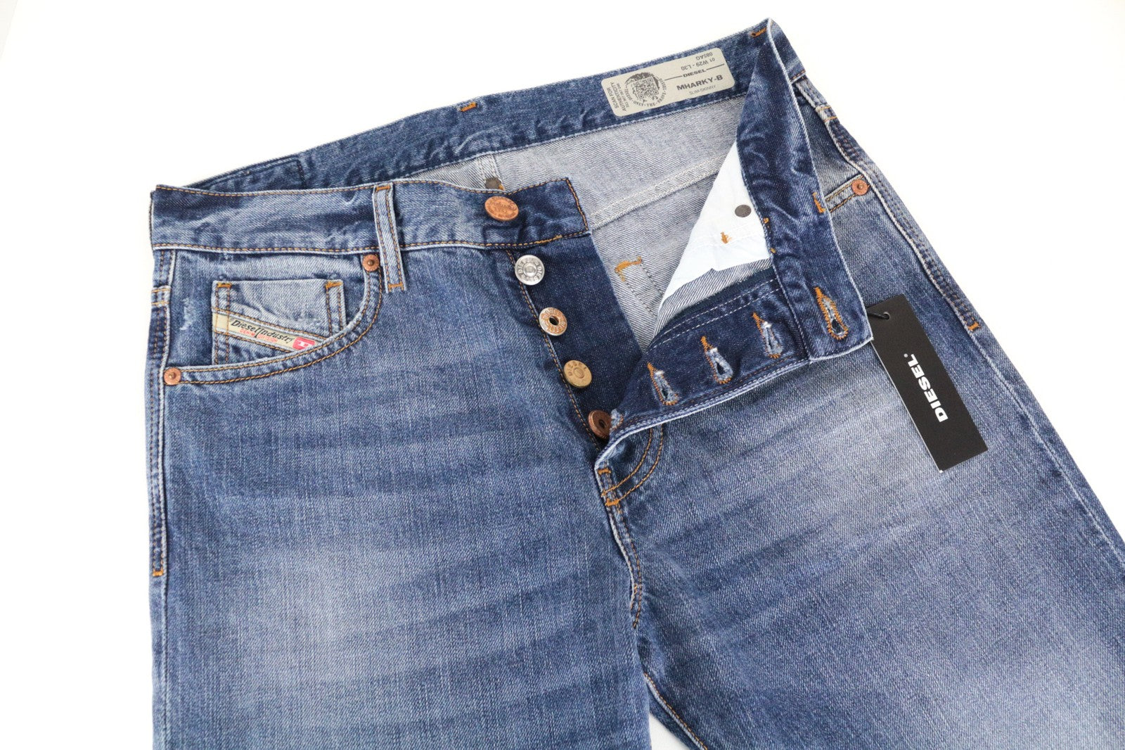 DIESEL Mharky 085AG Men Jeans W29/L30 Slim Skinny Distressed Hems Button-Fly