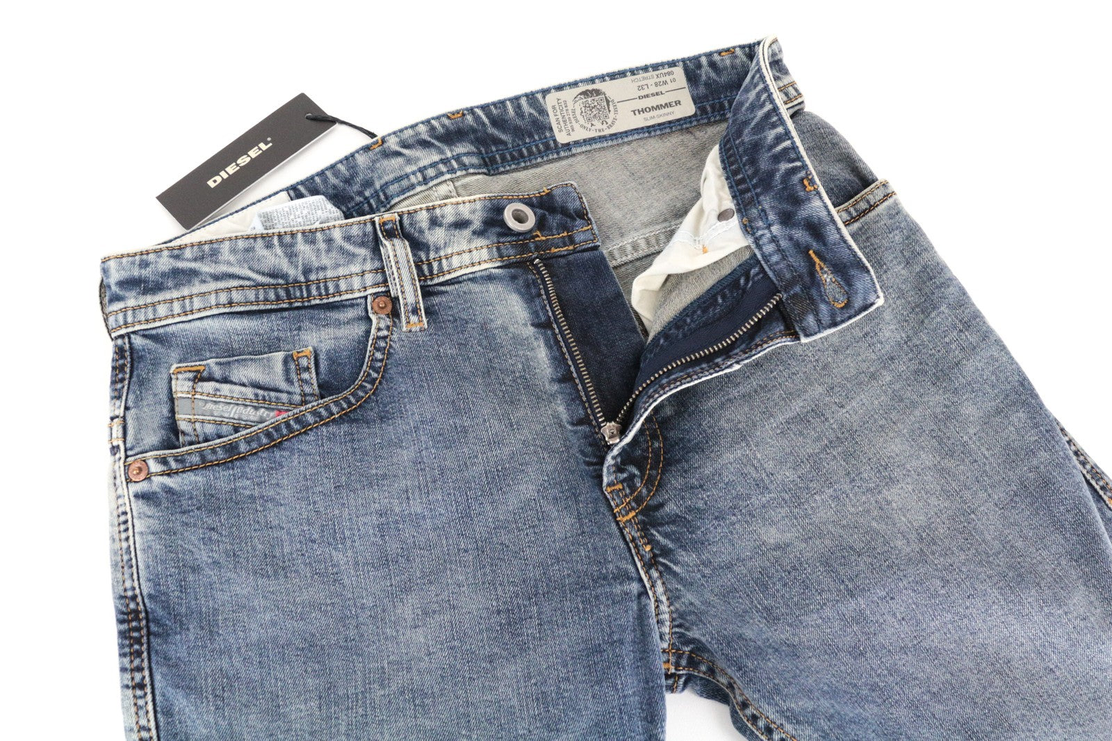 DIESEL Thommer 084UX Men Jeans W28/L32 Zip-Fly Stone Washed Slim-Skinny Stained