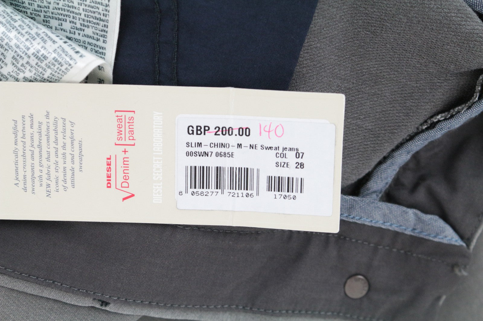 DIESEL Slim-Chino-M-NE 0685E Men Jeans W28 Zip Grey Super Stretch Sweat Jogg