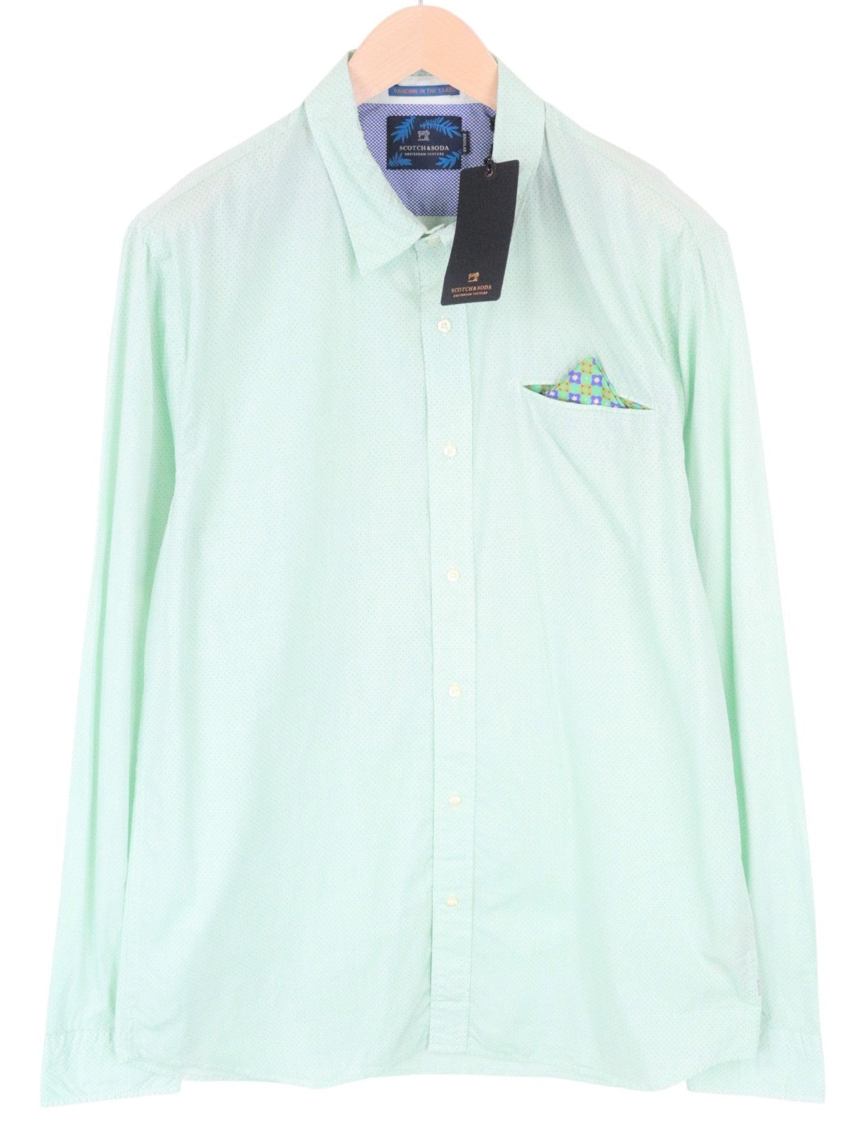 SCOTCH & SODA Men Shirt 2XL Button-Up Twill Casual Polka Dot Green Pocket Square
