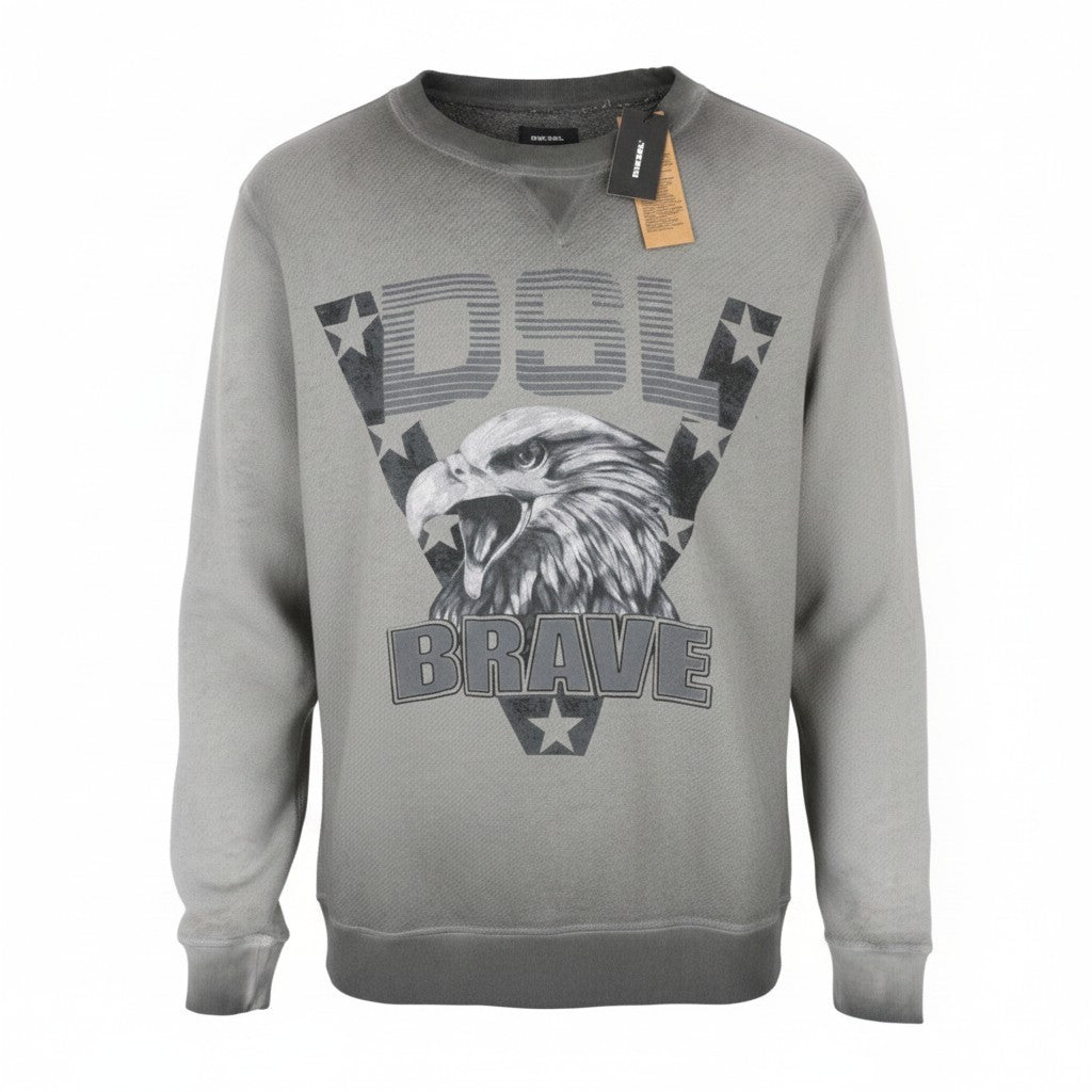 DIESEL S-Joe Men Sweatshirt M Logo Printed Grey Crew Neckline Casual Pull On