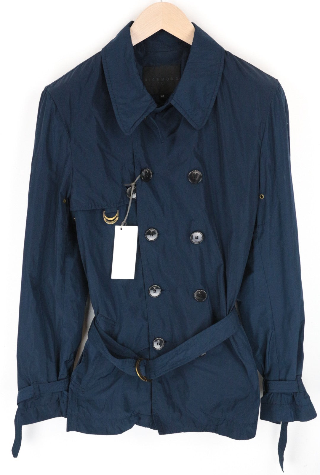 RICHMOND X Men Jacket 48 Short Trench Coat Style Nylon Dark Blue Belted Casual