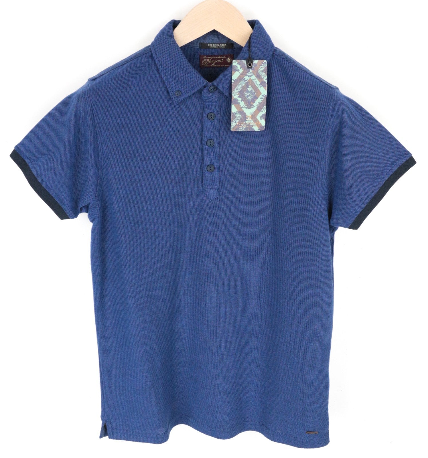SCOTCH & SODA Men T-Shirt S Melange Blue Polo Neckline Cotton Blend Classic