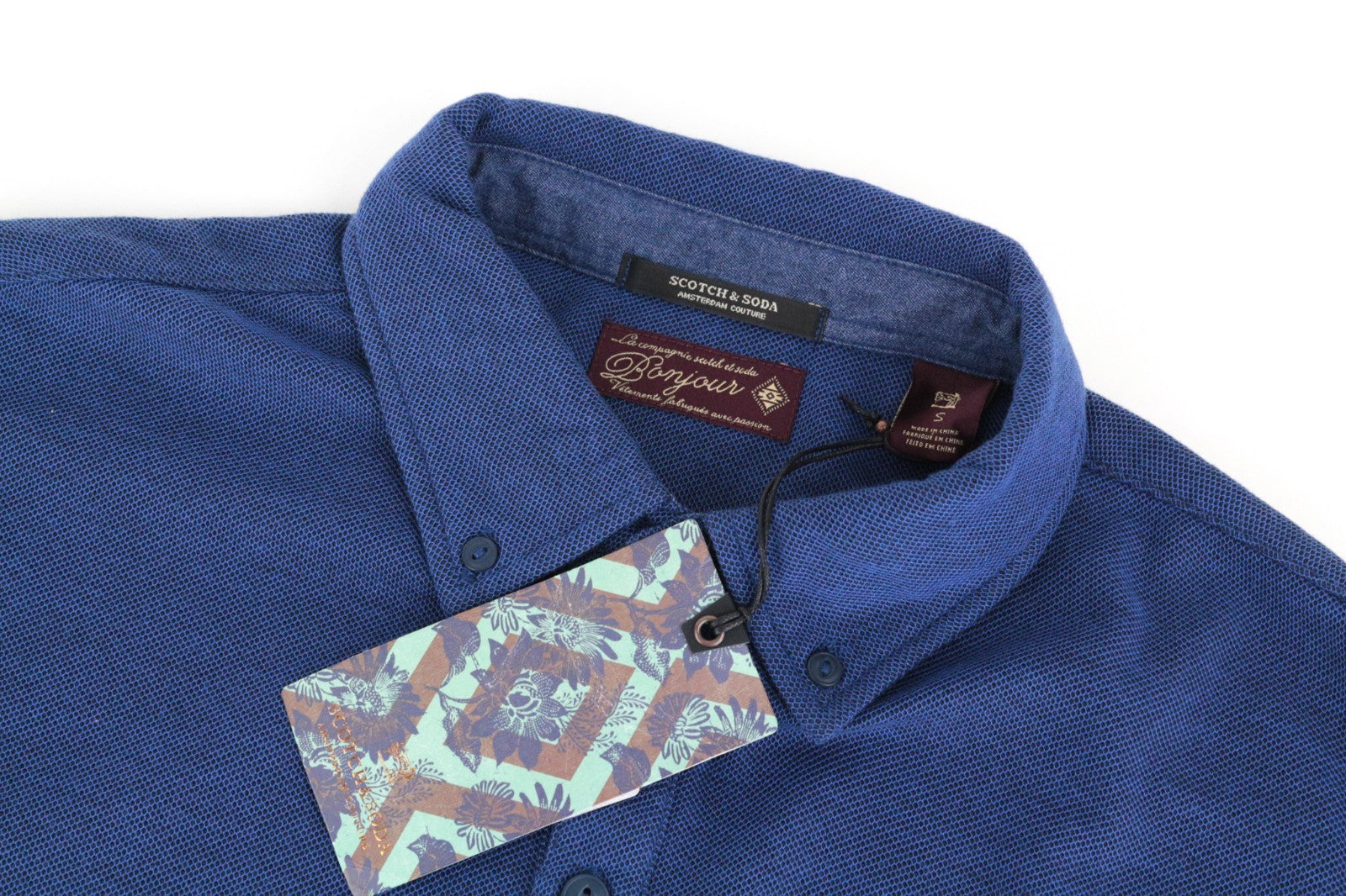 SCOTCH & SODA Men T-Shirt S Melange Blue Polo Neckline Cotton Blend Classic