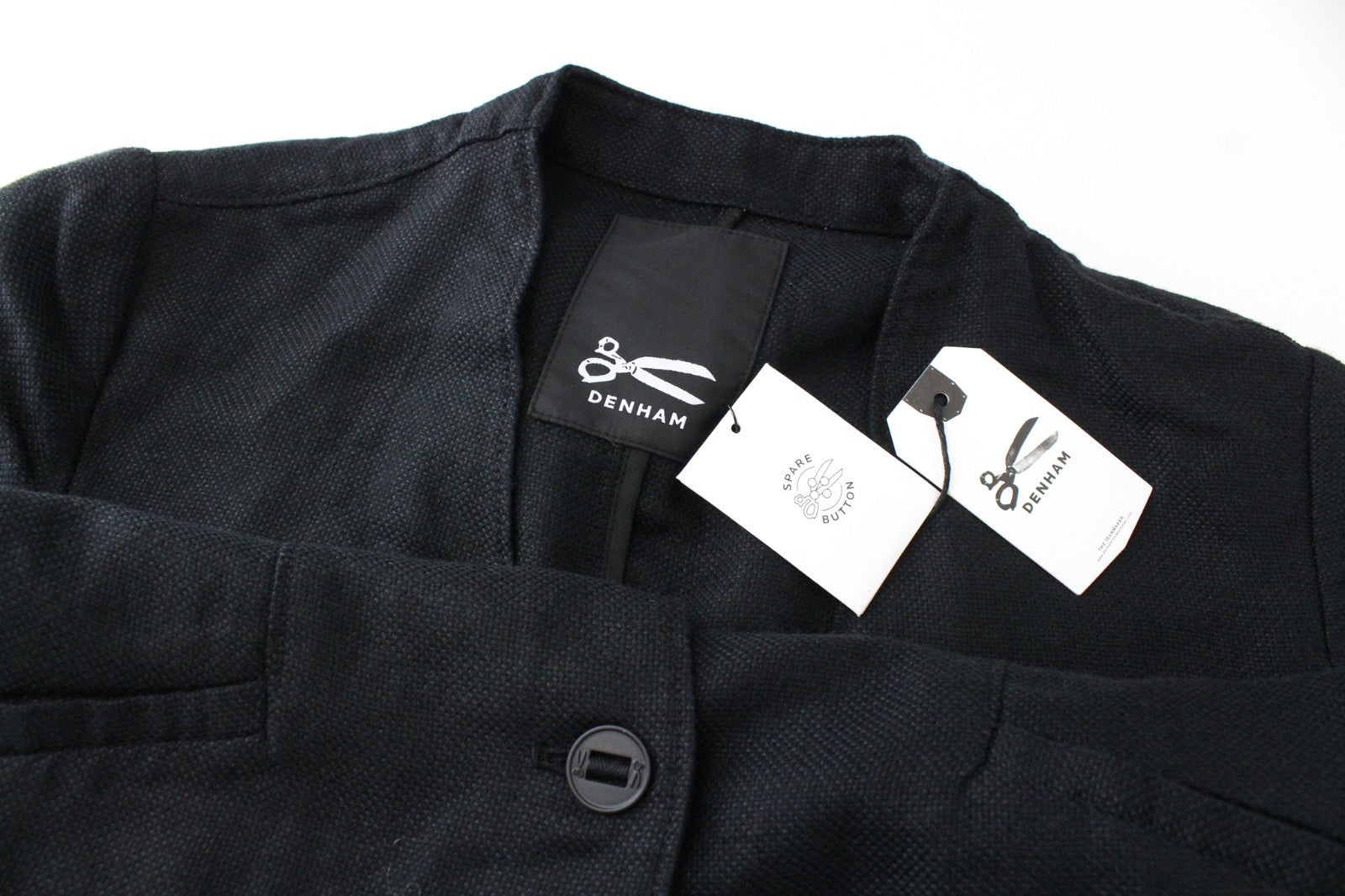 DENHAM Compass Women Blazer XS Collared Twill Black Plain Button Linen Blend