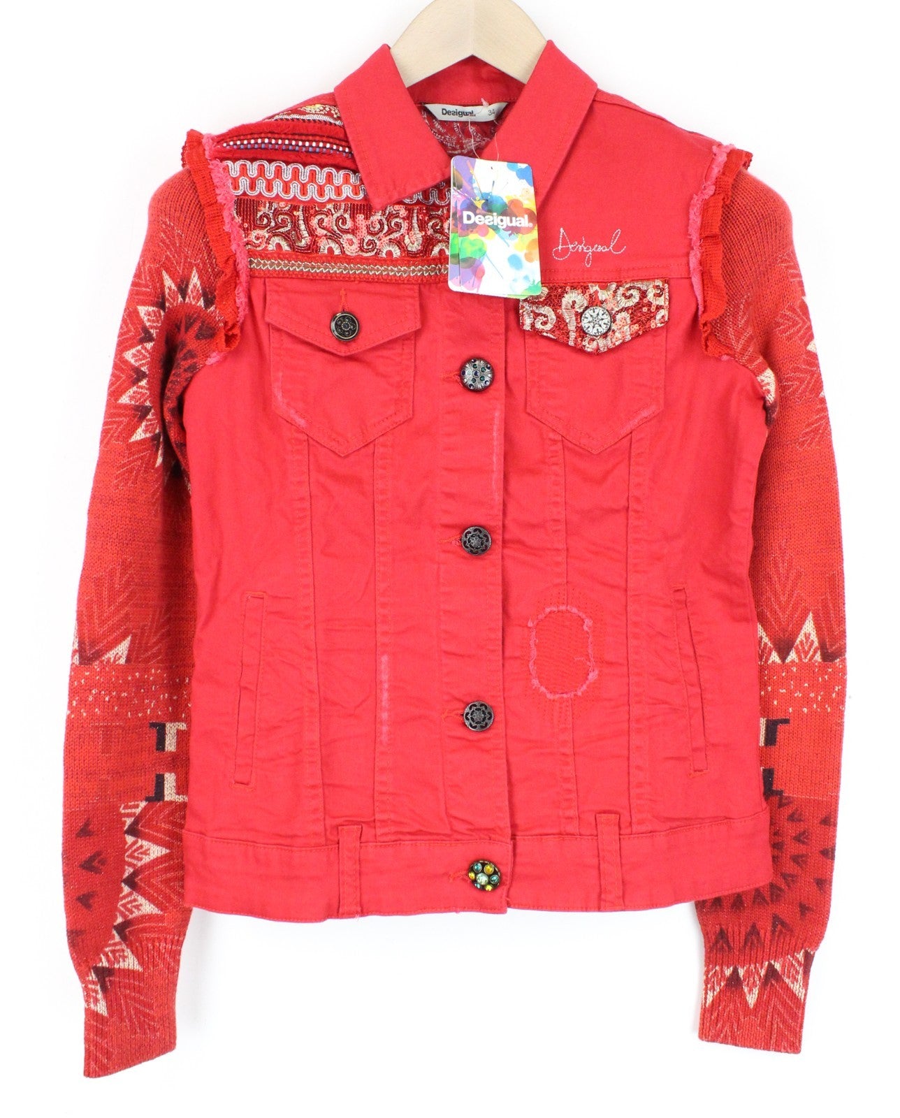 DESIGUAL Chaq Kyle Women Jacket 34 Sequins Colorful Red Embroidered Knit