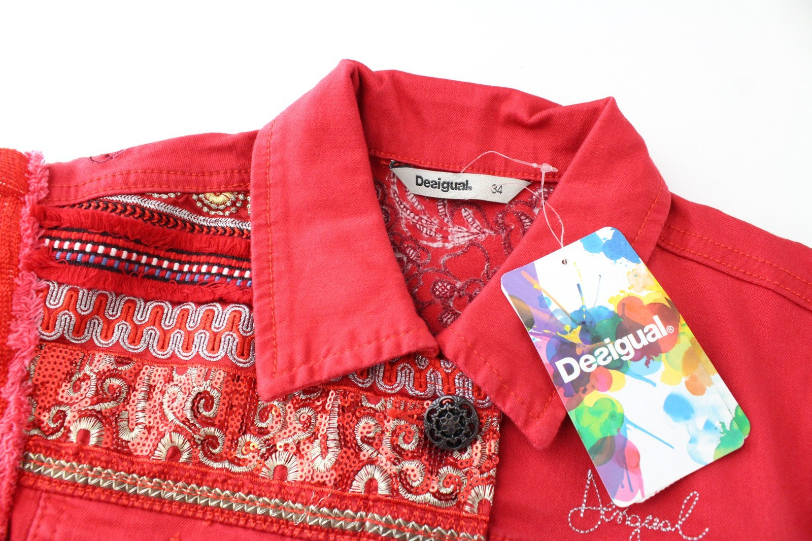 DESIGUAL Chaq Kyle Women Jacket 34 Sequins Colorful Red Embroidered Knit
