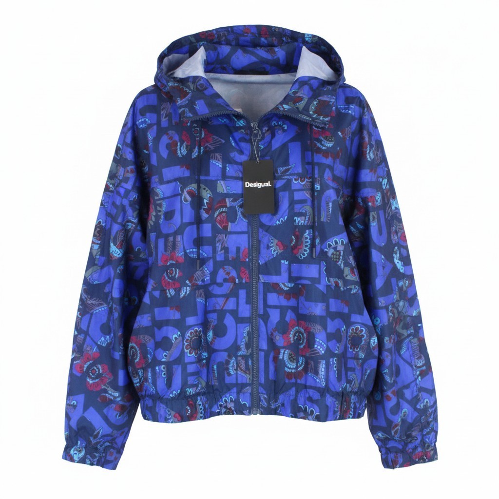 DESIGUAL Chaq Lex Women Jacket 44 Abstract Print Short Blue Hidden Hood Logo