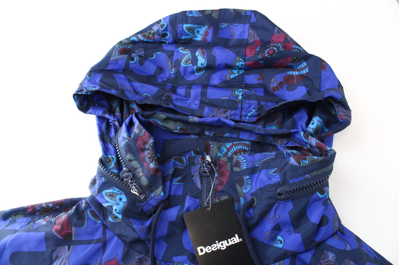 DESIGUAL Chaq Lex Women Jacket 44 Abstract Print Short Blue Hidden Hood Logo