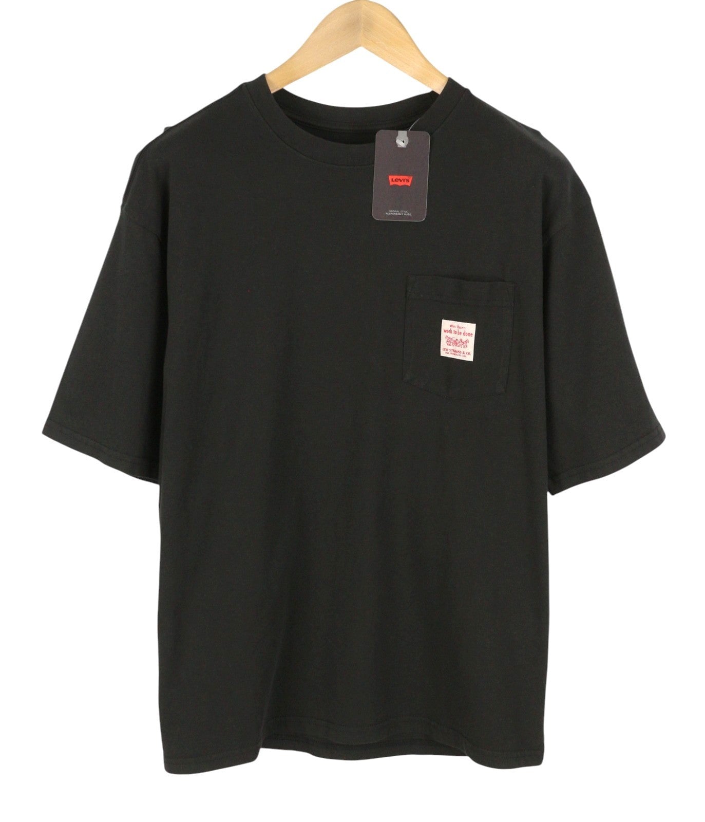 LEVI'S Loose Men T-Shirt M Black Tricot Crew Neck Patch Pocket Short Sleeve