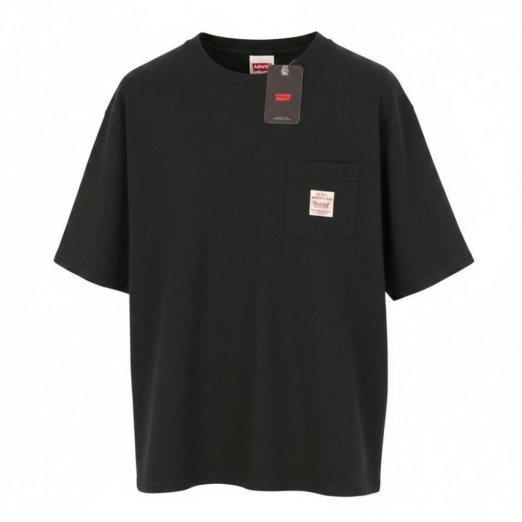 LEVI'S Loose Men T-Shirt M Black Tricot Crew Neck Patch Pocket Short Sleeve