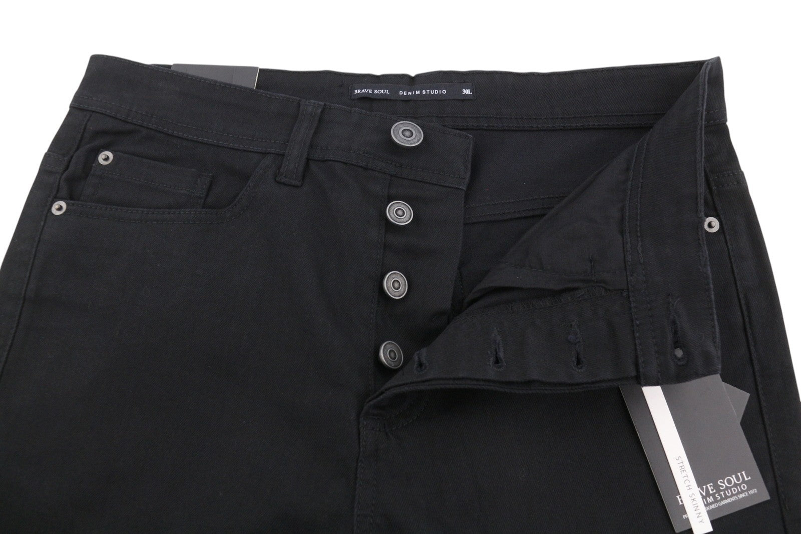 DENIM STUDIO Brave Soul Men Jeans W30 Black Button Fly Slim Fit Denim