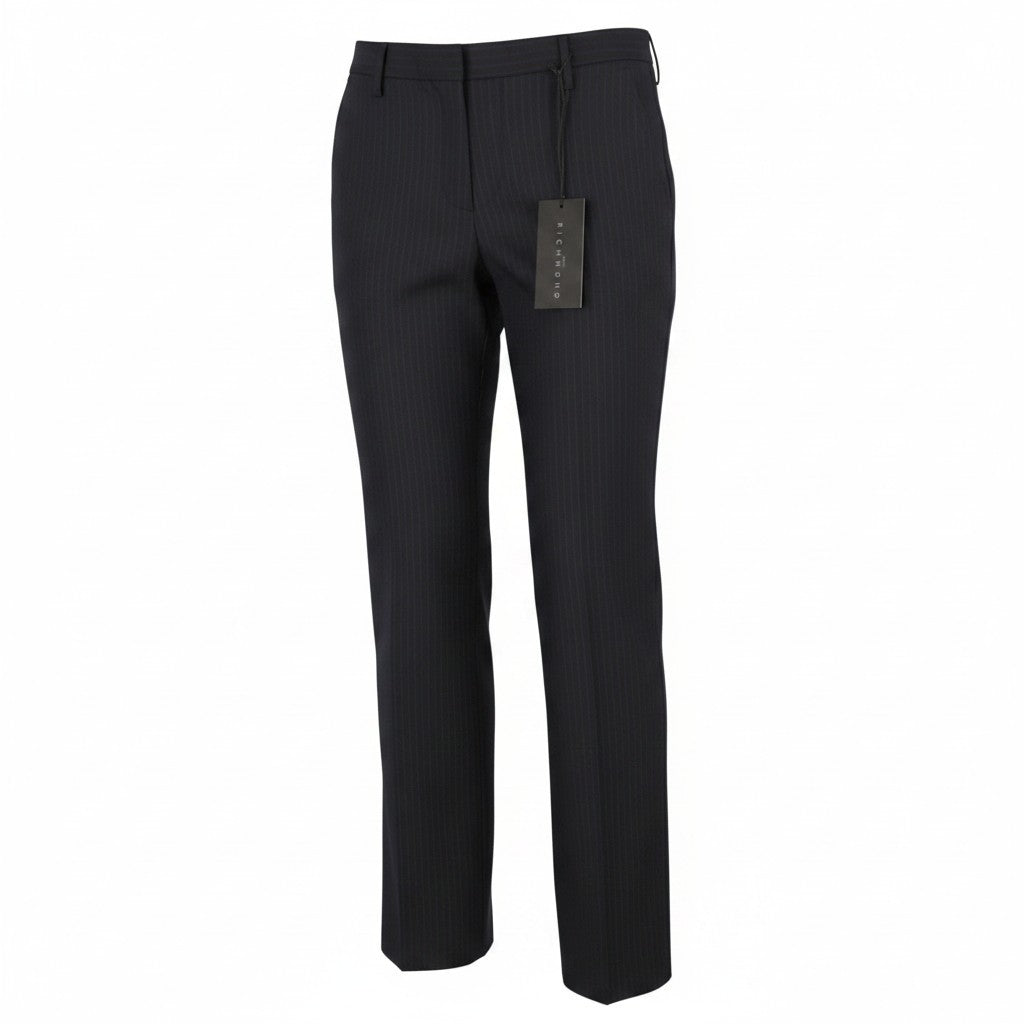 JOHN RICHMOND Women Trousers UK16 W34 Black Wool Pinstriped Flared Zip Fly