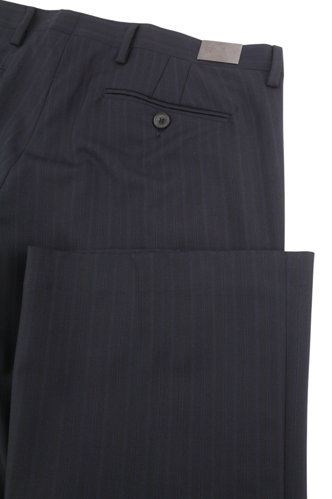 JOHN RICHMOND Women Trousers UK16 W34 Black Wool Pinstriped Flared Zip Fly