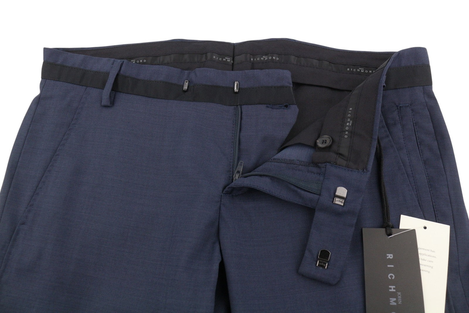 JOHN RICHMOND Women Trousers UK16 W34 Blue Wool Zip Fly Slim Fit