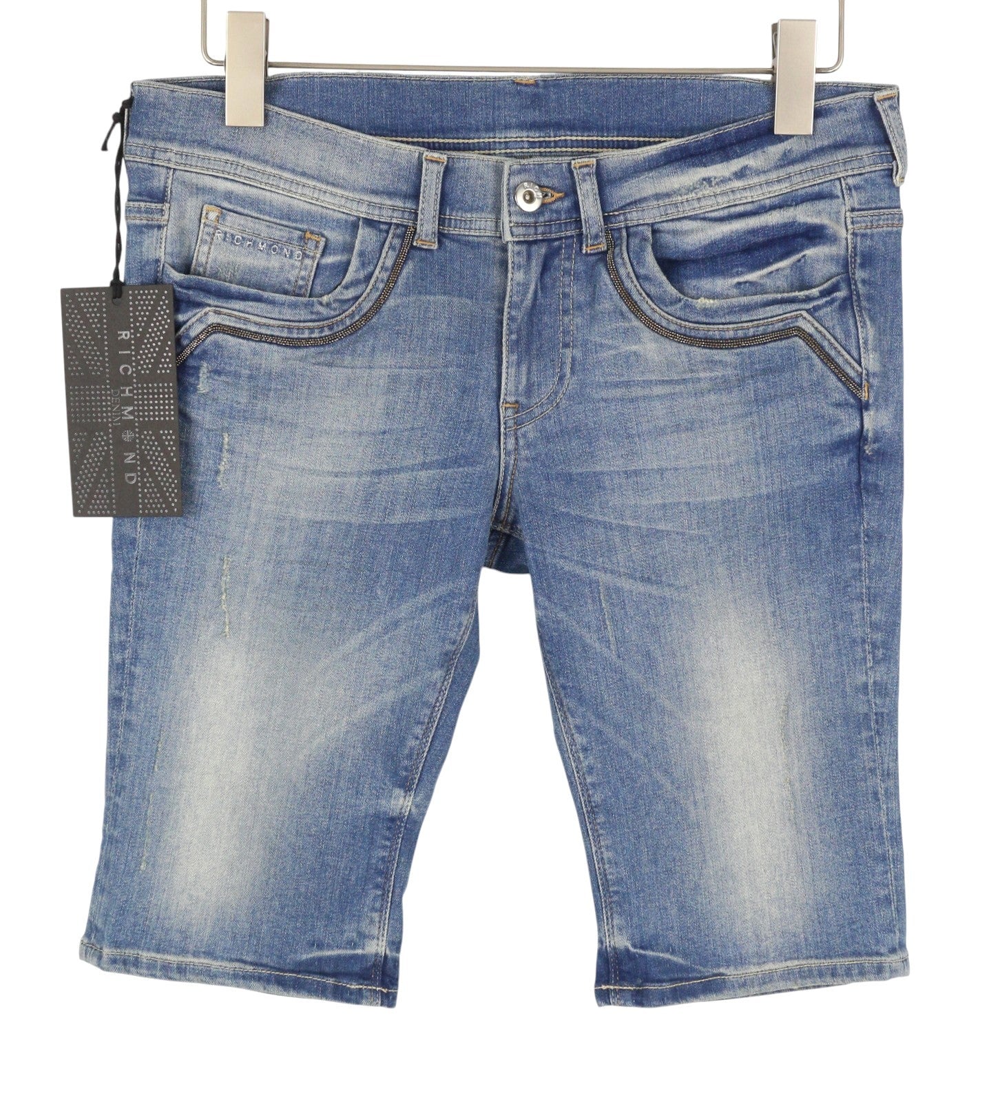 RICHMOND Women Shorts W28 Blue Whiskers Faded Distress Rhinestones Details