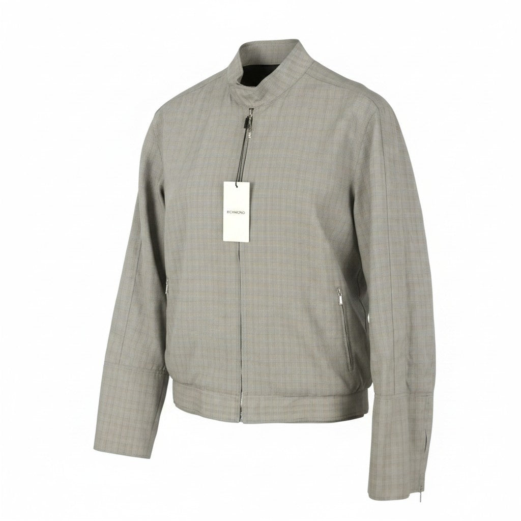 JOHN RICHMOND Women Jacket UK18 XL Grey Plaid High Neck Full Zip Lightweight