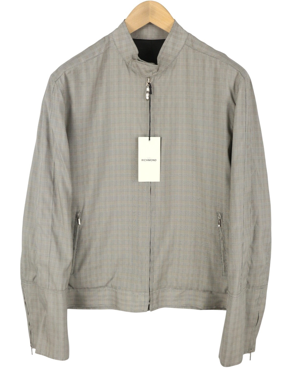 JOHN RICHMOND Women Jacket UK18 XL Grey Plaid High Neck Full Zip Lightweight