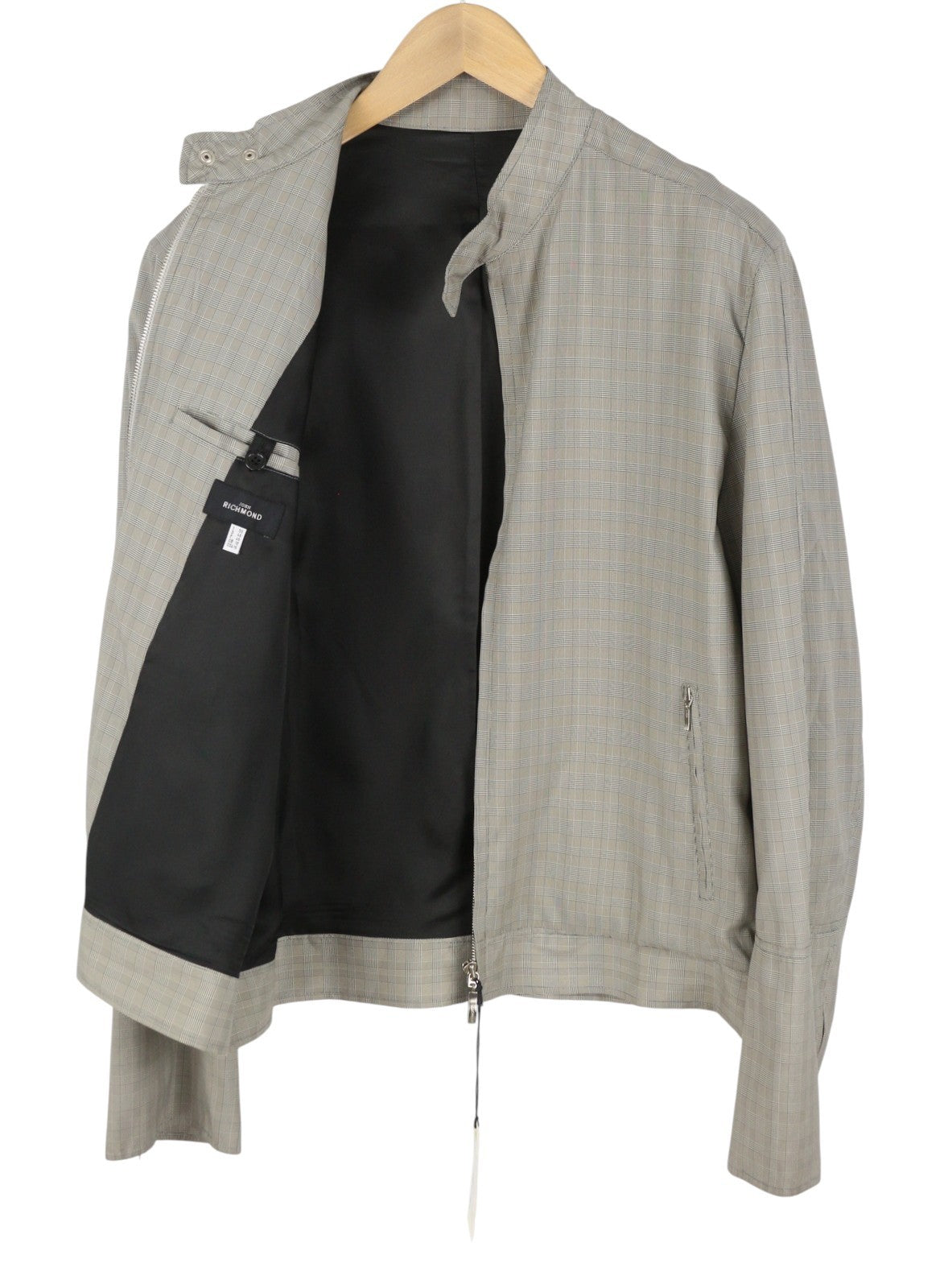 JOHN RICHMOND Women Jacket UK18 XL Grey Plaid High Neck Full Zip Lightweight