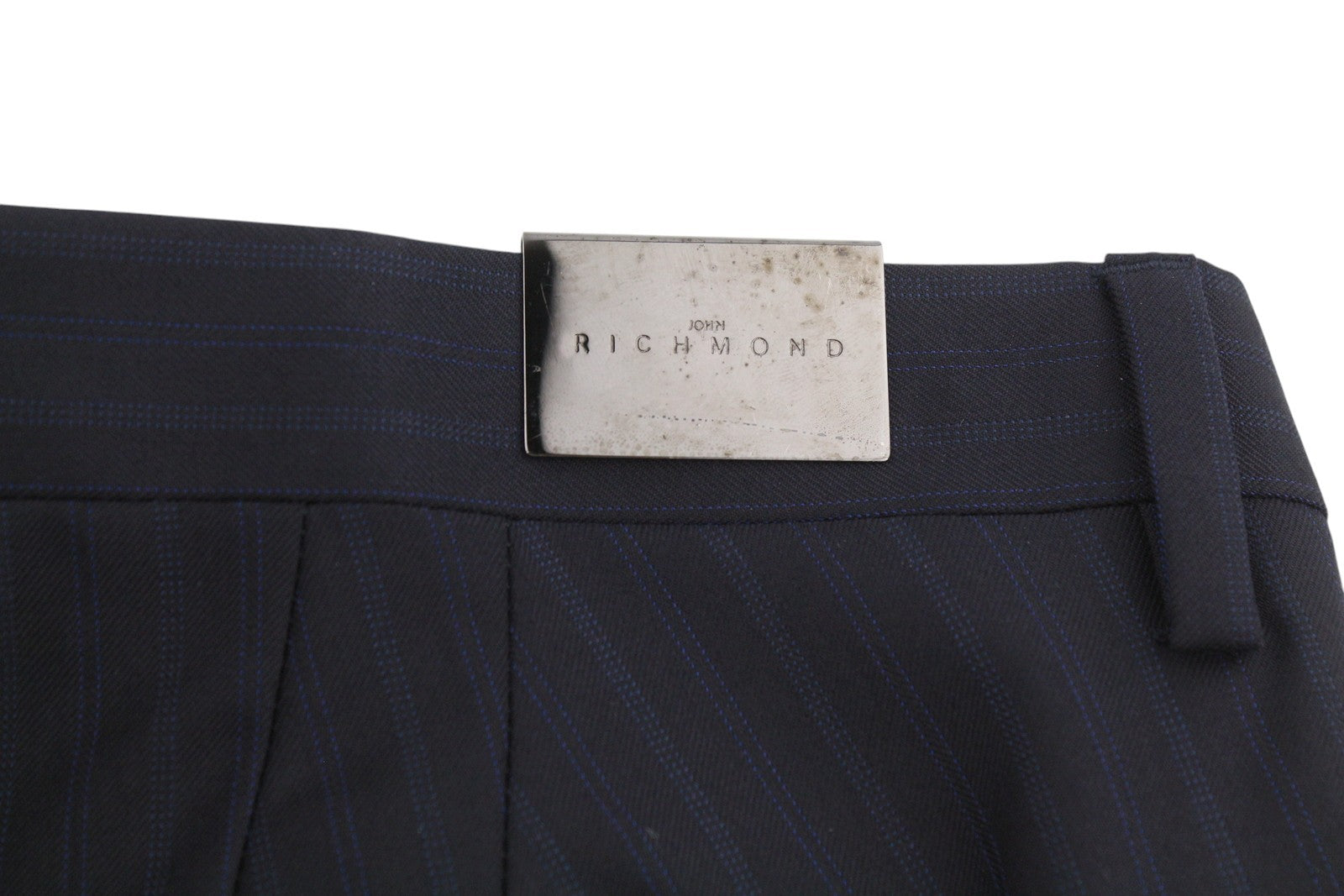 JOHN RICHMOND Women Trousers UK16 W35 Black Wool Pinstriped Flared Zip Fly