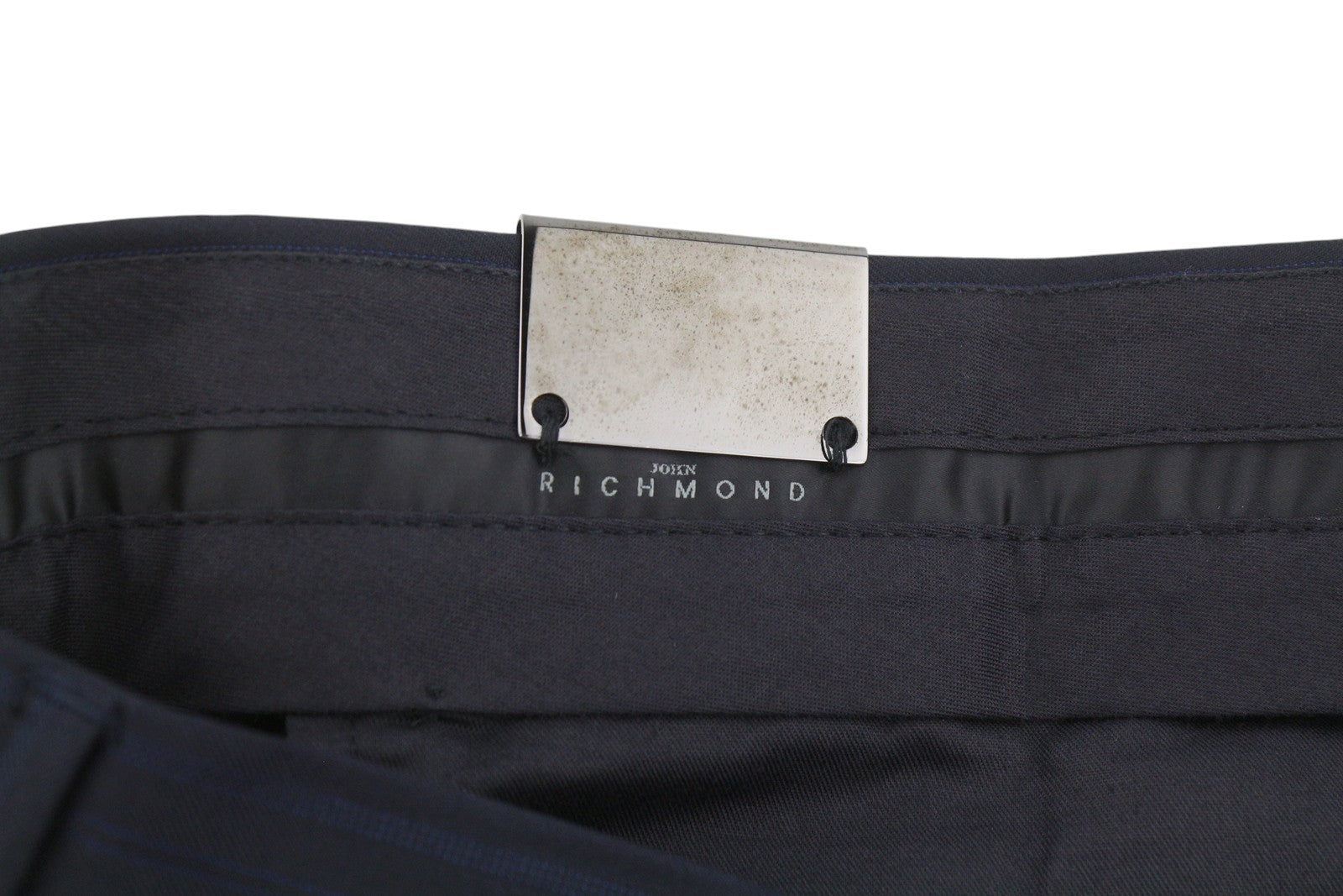 JOHN RICHMOND Women Trousers UK16 W35 Black Wool Pinstriped Flared Zip Fly