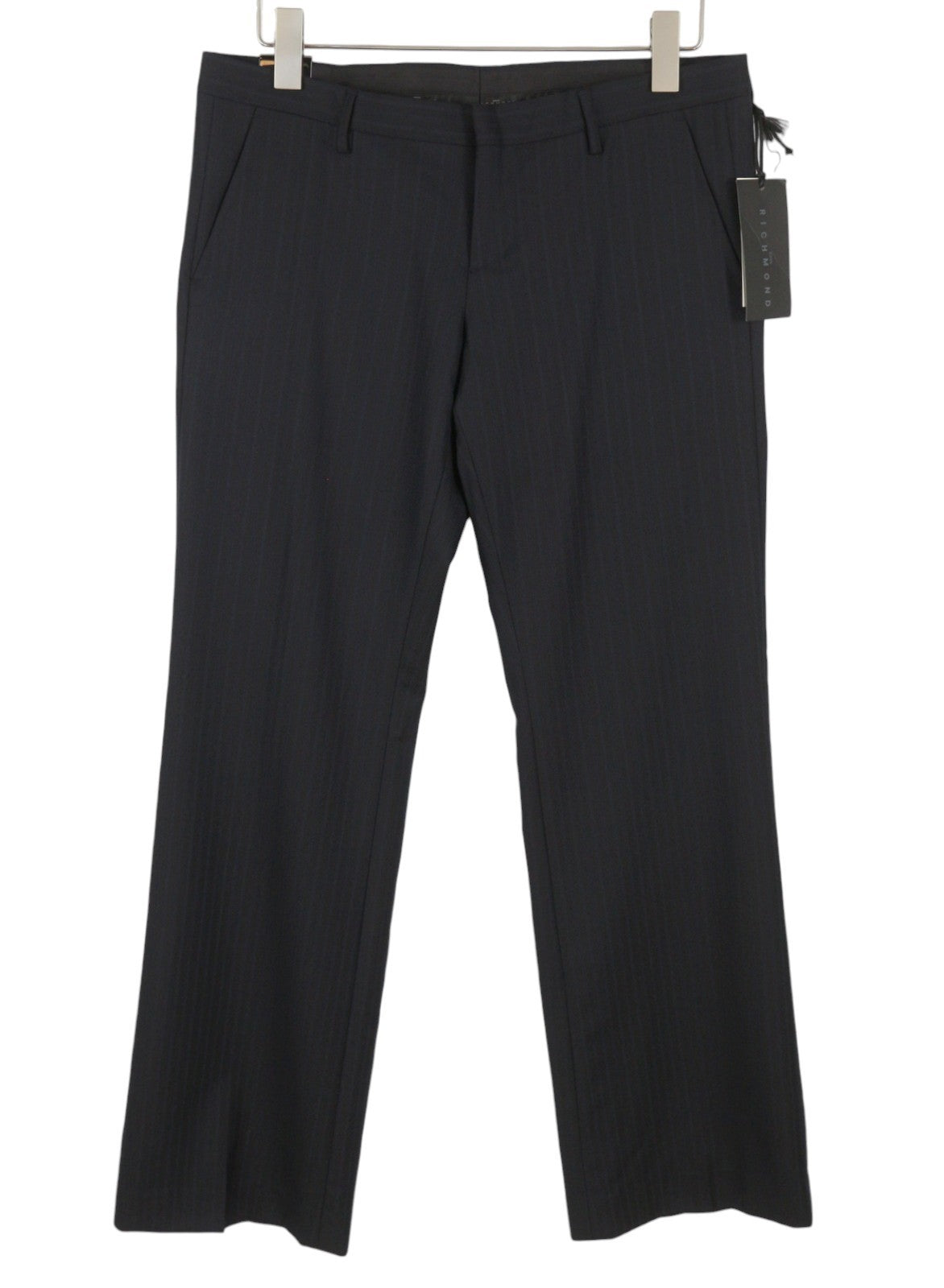 JOHN RICHMOND Women Trousers UK16 W35 Black Wool Pinstriped Flared Zip Fly