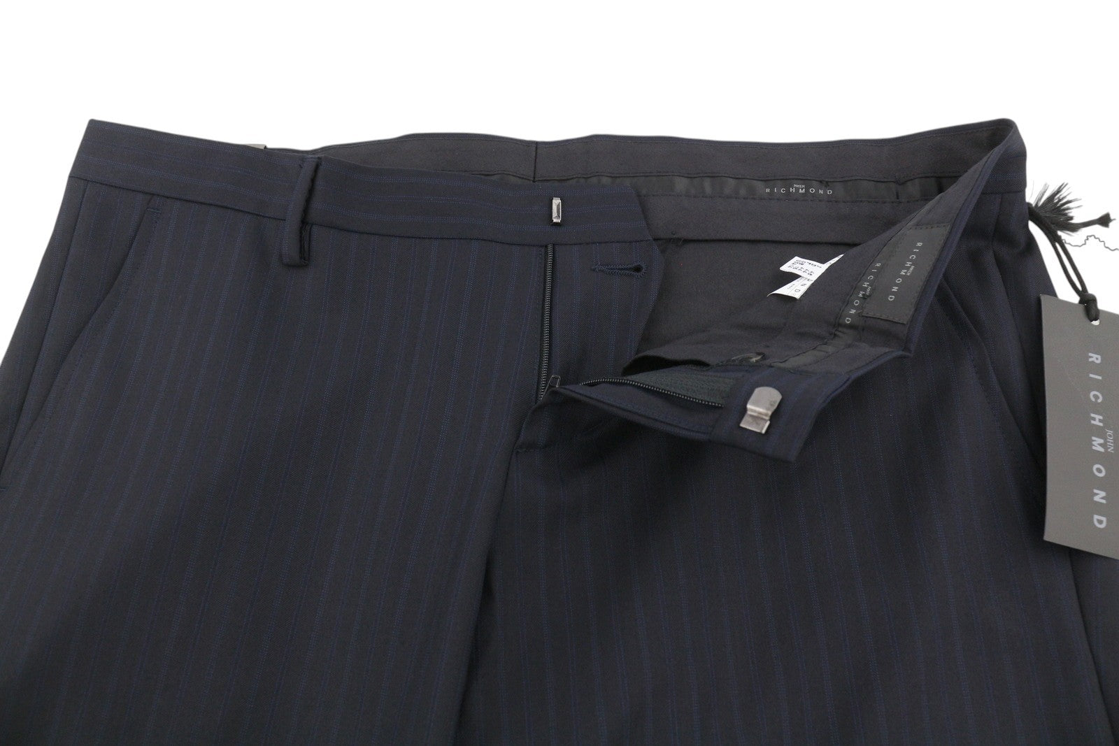 JOHN RICHMOND Women Trousers UK16 W35 Black Wool Pinstriped Flared Zip Fly