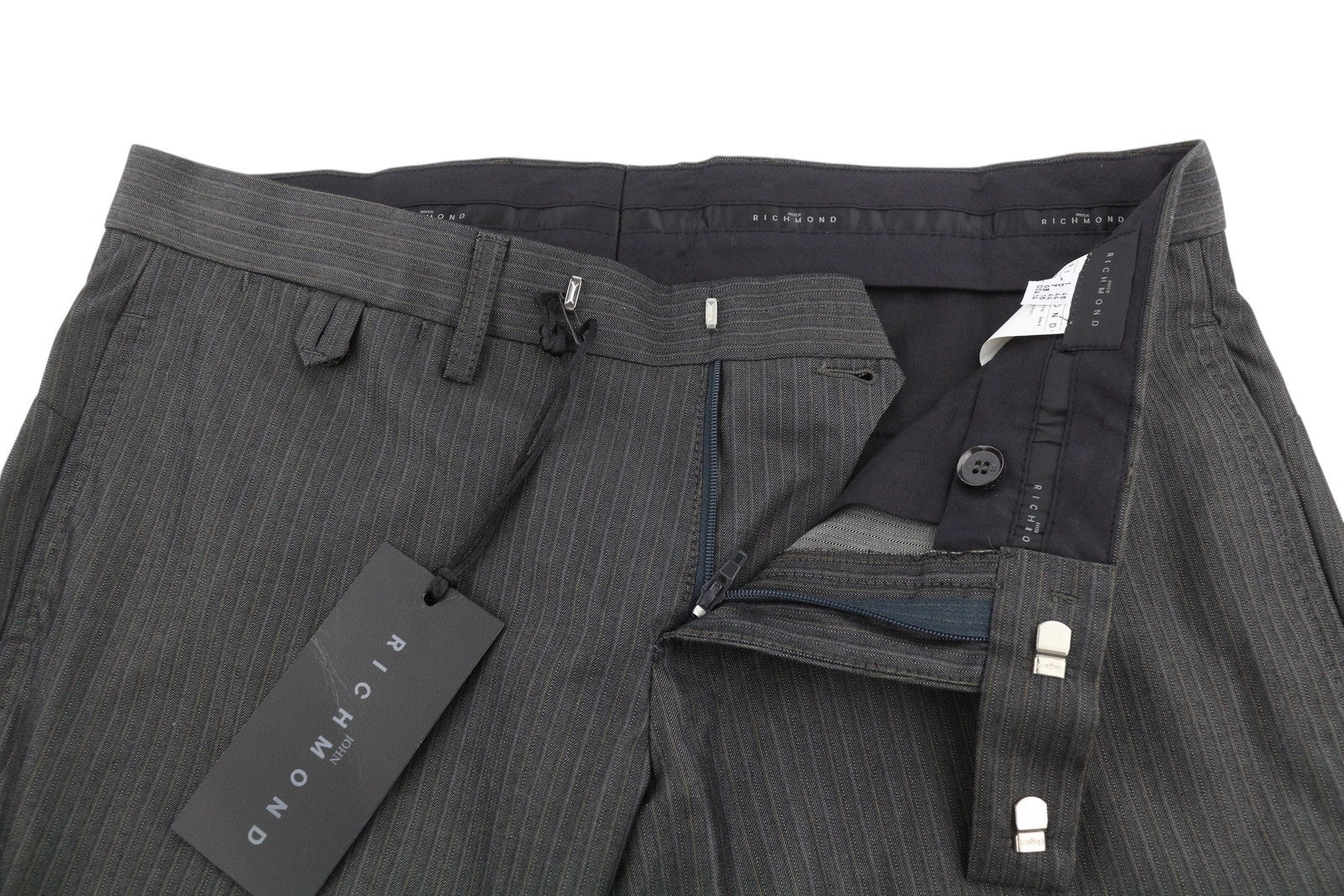 JOHN RICHMOND Women Trousers UK16 W33 Grey Cotton Pinstriped Zip Fly Slim