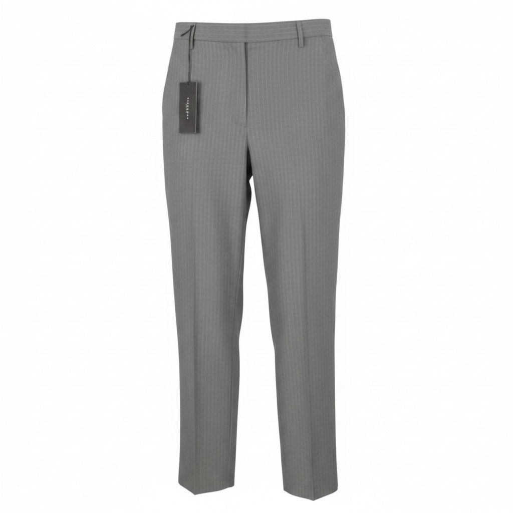 RICHMOND Women Trousers UK16 W32 Grey Pinstriped Melange Linen Blend Straight