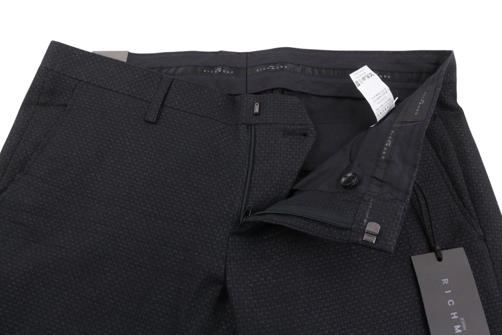 JOHN RICHMOND Women Trousers UK16 W34 Black Patterned Zip Fly Straight Fit