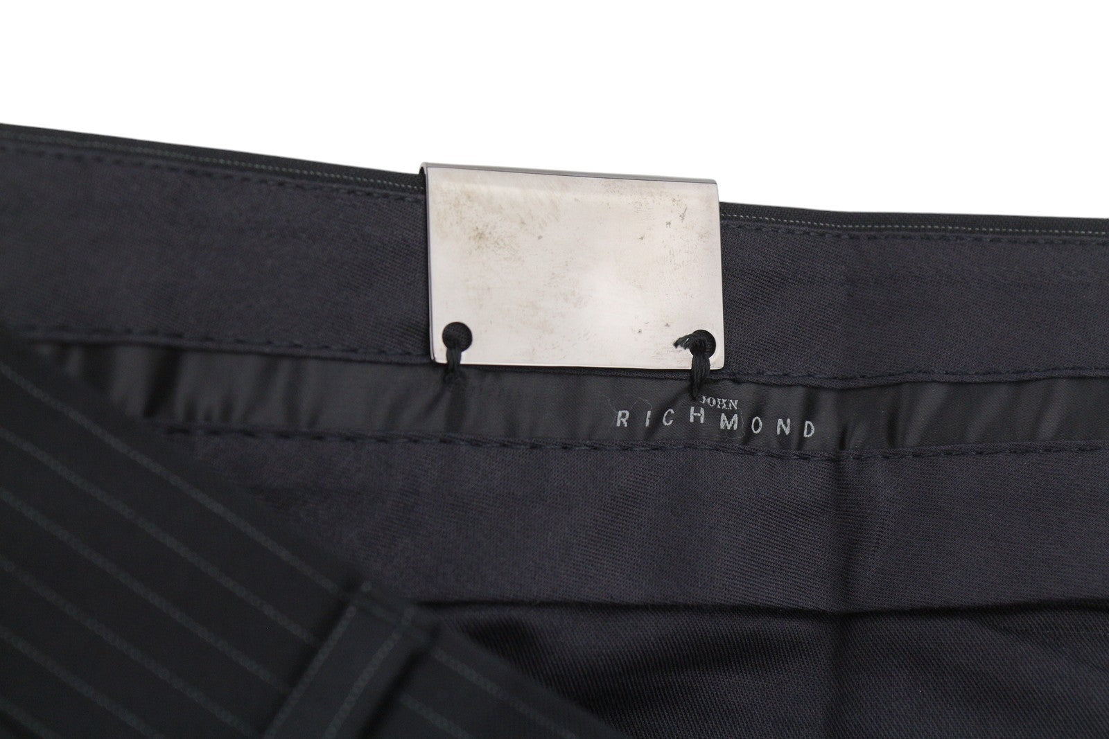 JOHN RICHMOND Women Trousers UK16 W34 Black Pinstriped Wool Straight Fit