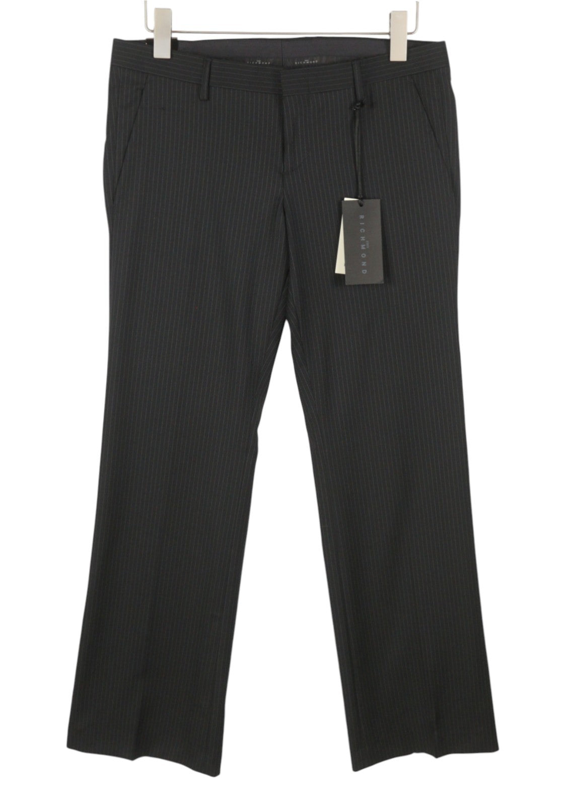 JOHN RICHMOND Women Trousers UK16 W34 Black Pinstriped Wool Straight Fit