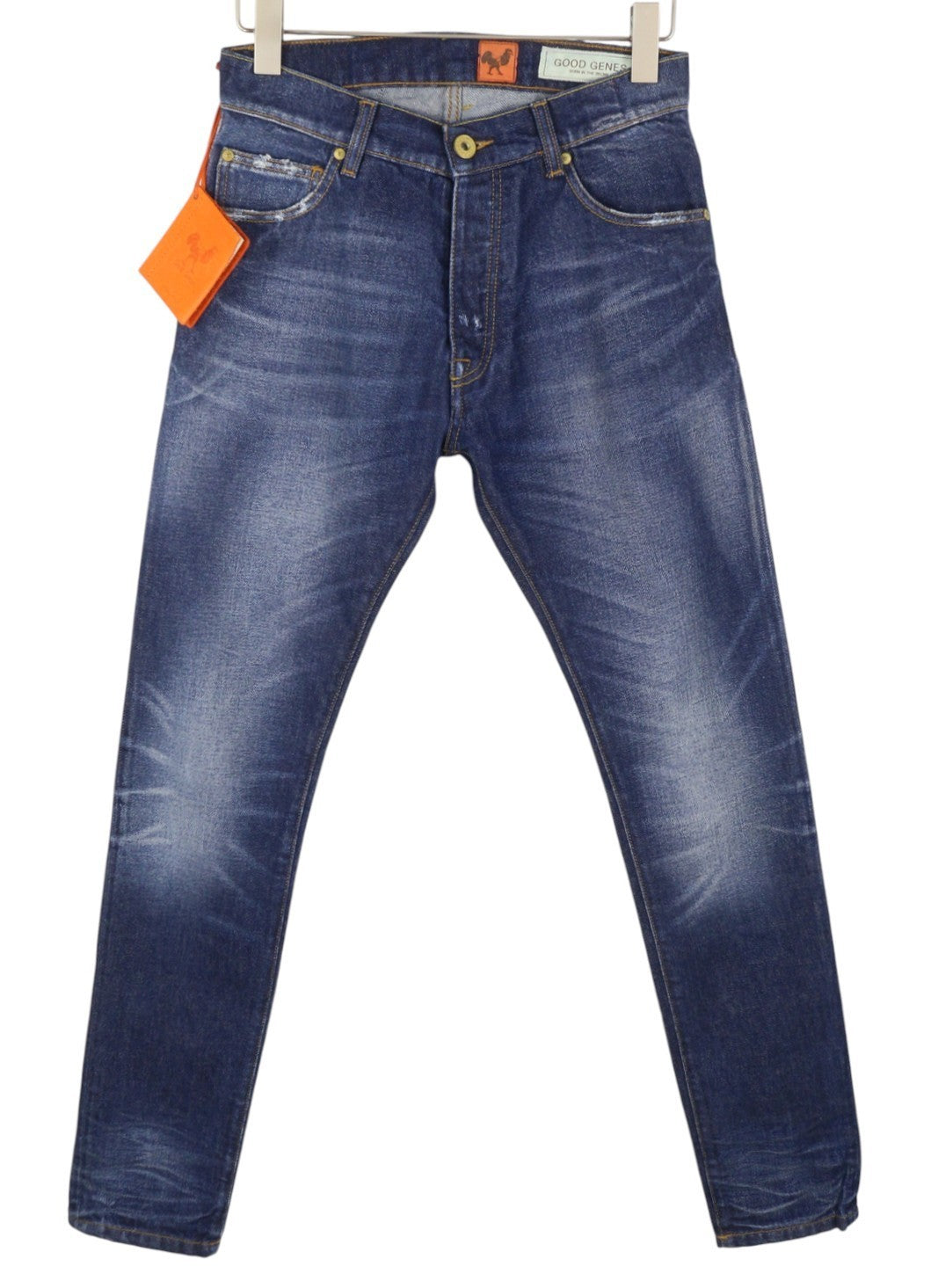 GOOD GENES Men Jeans W29/L34 Blue Whiskers Faded Distress Slim Fit Button Fly