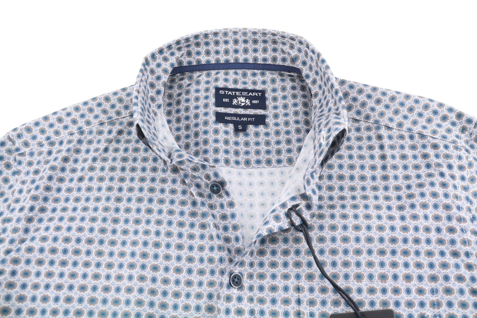 STATE OF ART Regular Fit Men Shirt S Blue Patterned Button Down Neck Casual