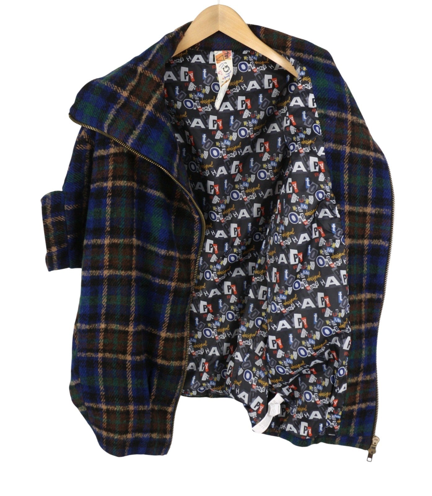 DESIGUAL Women Coat 42 XL Multicolored Plaid Flannel Wool Blend 3/4 Sleeved