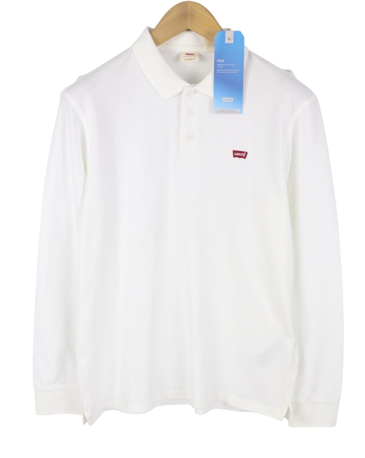 LEVI'S Standard Fit Men Polos L White Cotton Tricot Long Sleeved