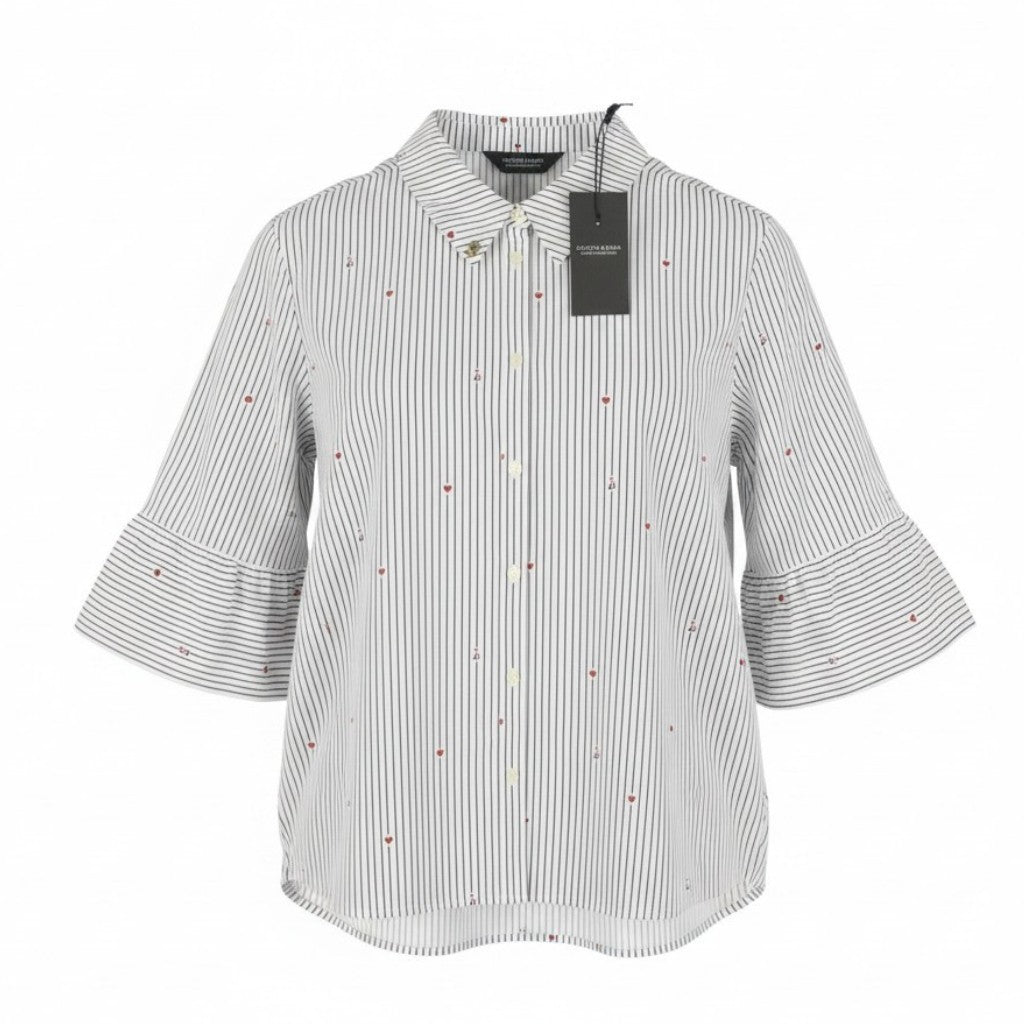 SCOTCH & SODA Women Shirt L White Pinstriped Hear Print Button-Up 3/4 Sleeves