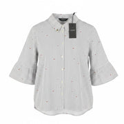 SCOTCH & SODA Women Shirt L White Pinstriped Hear Print Button-Up 3/4 Sleeves