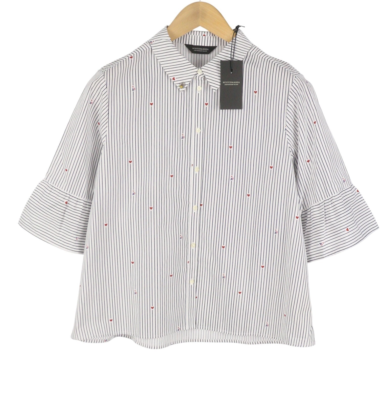 SCOTCH & SODA Women Shirt L White Pinstriped Hear Print Button-Up 3/4 Sleeves