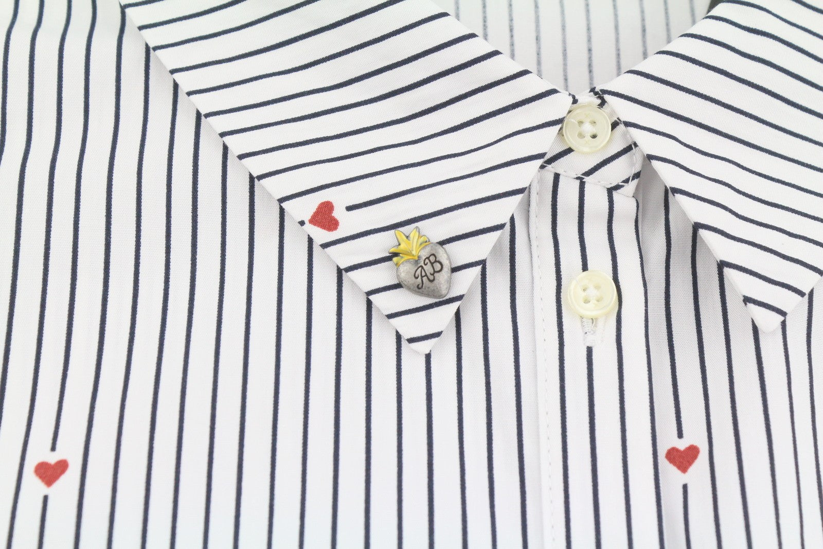 SCOTCH & SODA Women Shirt L White Pinstriped Hear Print Button-Up 3/4 Sleeves