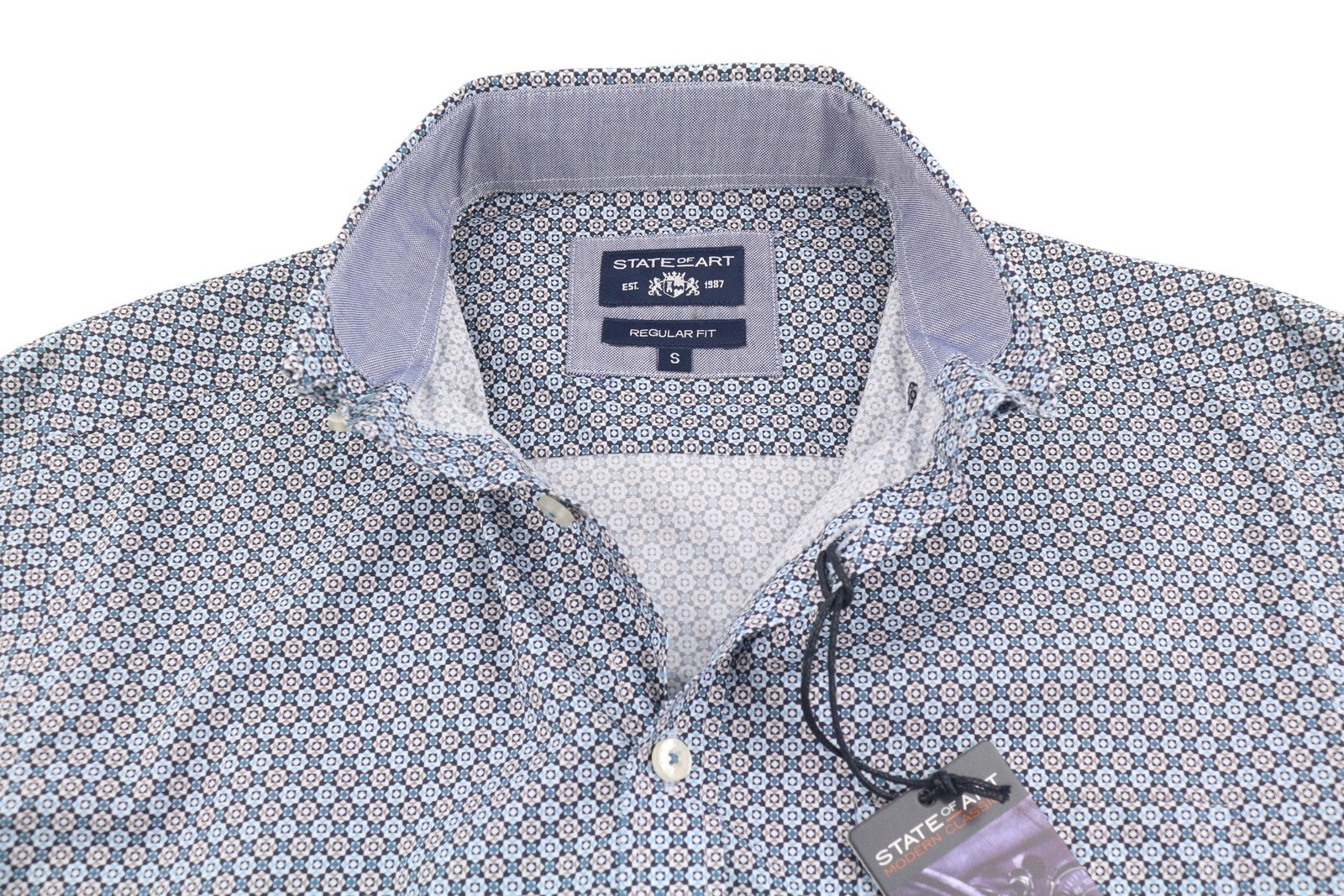 STATE OF ART Regular Fit Men Shirt S Blue Patterned Button Down Collar Casual