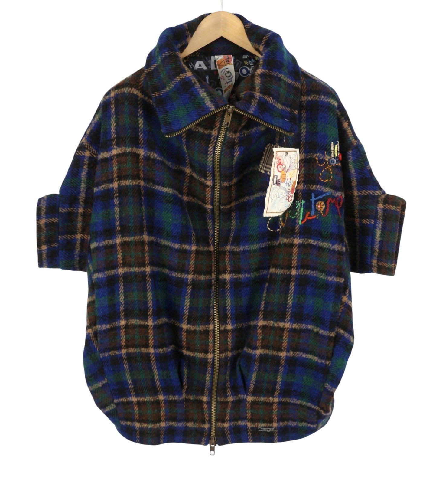DESIGUAL Women Coat 40 L Multicolored Plaid Flannel Wool Blend 3/4 Sleeved