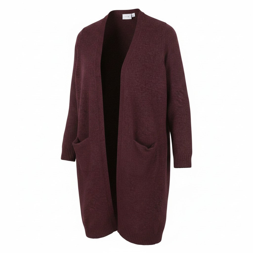 VILA Ril L/S Long Knit Cardigan Women Jumper S Burgundy Pockets Mid-Length