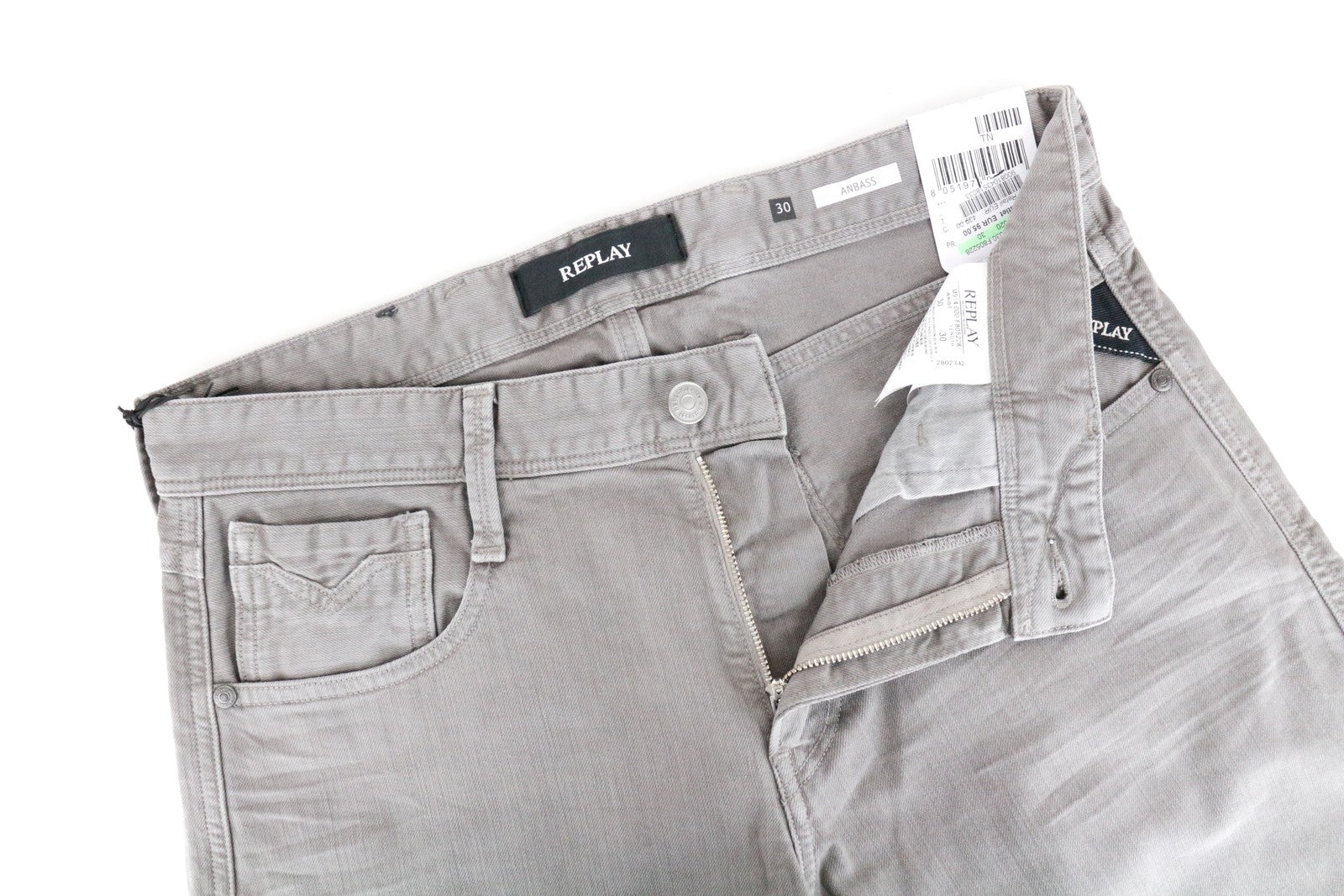 REPLAY Anbass Men Jeans W29/L32 Zip-Fly Stretch Denim Slim Fit Light Grey