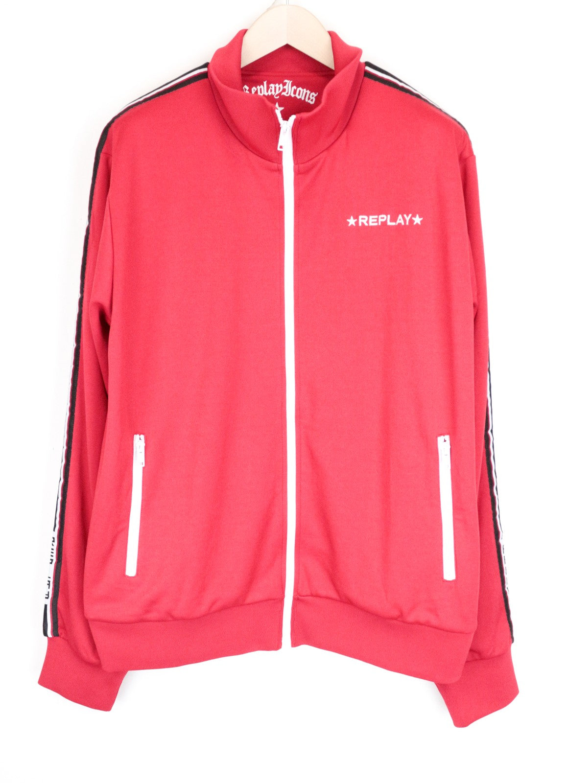 REPLAY Icons Men Sweatshirt 2XL Zip-Up High Neck Logo Bright Red Crew Casual
