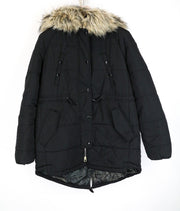 REPLAY Women Jacket S Faux Fur Hooded Padded Quilted Mid-Length Pocketed Black