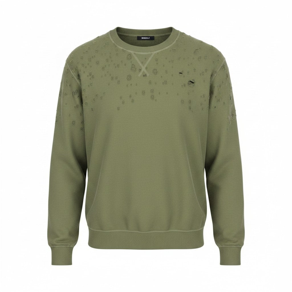 DENHAM Shadow Women Sweatshirt M Distressed Khaki Green Long Sleeved Crew Neck