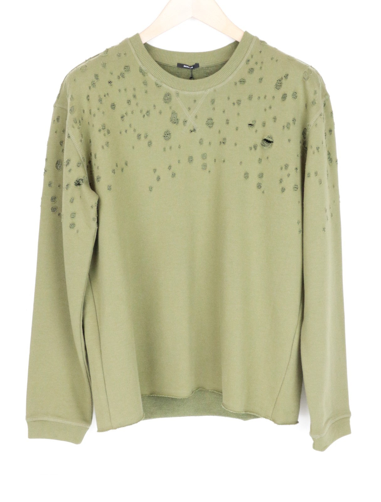 DENHAM Shadow Women Sweatshirt M Distressed Khaki Green Long Sleeved Crew Neck