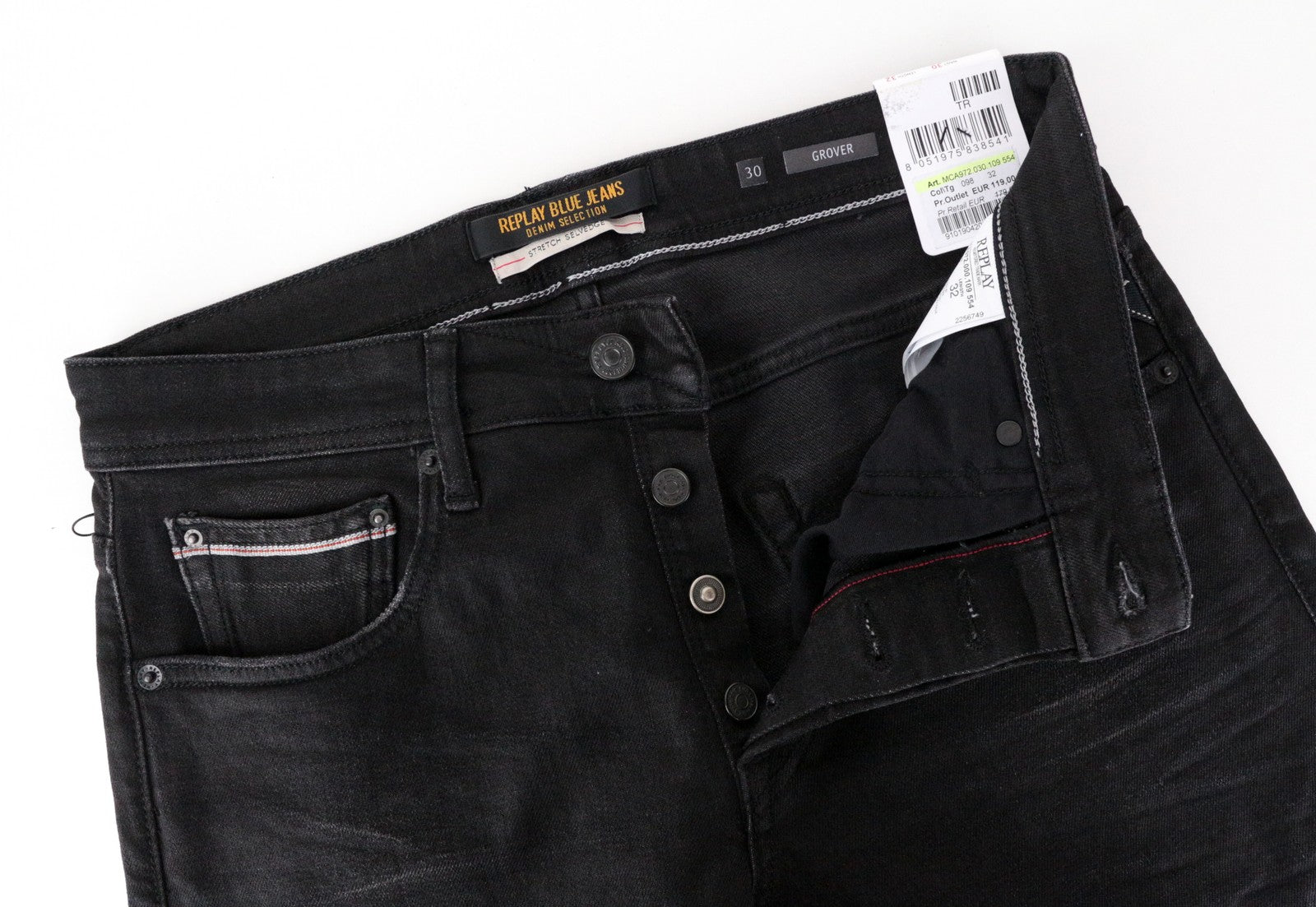 REPLAY Grover Men Jeans W30/L32 Selvedge Dark Grey Straight Fit Stretch Classic
